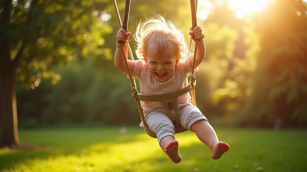 Enfant s'élançant sur une tyrolienne dans un jardin