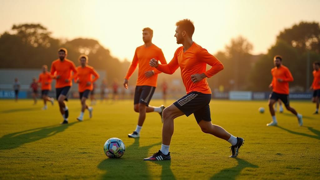 Joueurs de football seniors a l entrainement avec plots et ballons