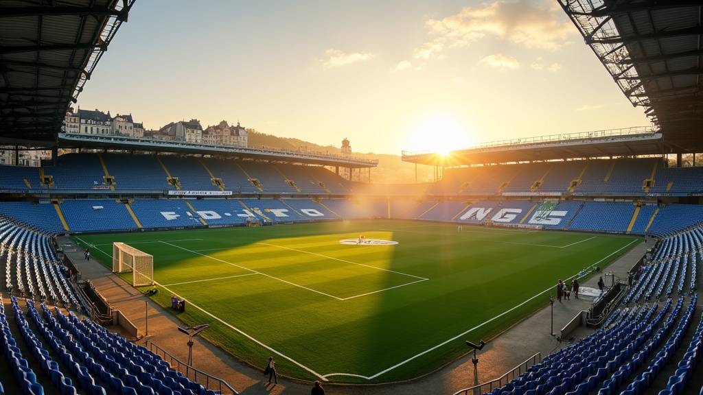 Vue aérienne du Stade de l'Aube, enceinte de l'ESTAC Troyes, en jour de match de Ligue 2